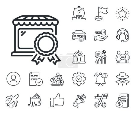 Illustration for Certified store sign. Salaryman, gender equality and alert bell outline icons. Best market line icon. Retail marketplace award symbol. Best market line sign. Spy or profile placeholder icon. Vector - Royalty Free Image