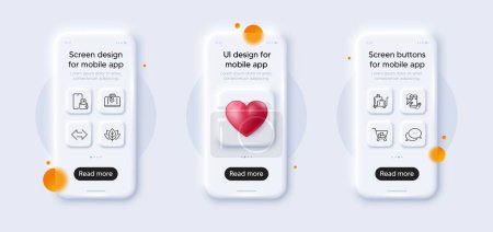 Illustration for Hand baggage, Luggage trolley and Flight destination line icons pack. 3d phone mockups with heart. Glass smartphone screen. Dots message, Phone wallet, Internet shopping web icon. Vector - Royalty Free Image
