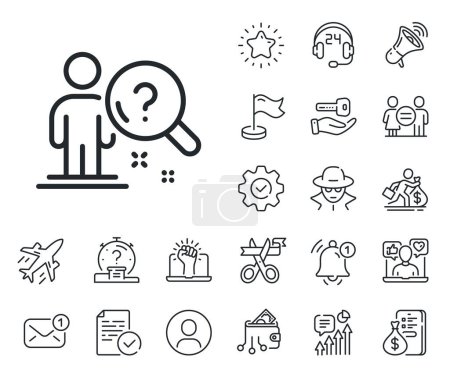 Illustration for Interview candidate sign. Salaryman, gender equality and alert bell outline icons. Search employee line icon. Question mark symbol. Search employee line sign. Spy or profile placeholder icon. Vector - Royalty Free Image