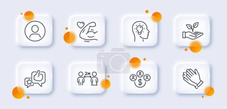 Illustration for Clapping hands, Strong arm and Headshot line icons pack. 3d glass buttons with blurred circles. Buying currency, Like, Social distancing web icon. Idea head, Helping hand pictogram. Vector - Royalty Free Image