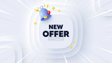 Illustration for New offer tag. Neumorphic banner with sunburst. Special price sign. Advertising Discounts symbol. New offer message. Banner with 3d reminder bell. Circular neumorphic template. Vector - Royalty Free Image