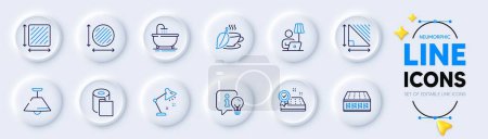 Illustration for Circle area, Square area and Table lamp line icons for web app. Pack of Ceiling lamp, Mattress, Bath pictogram icons. Paper wallpaper, Mint tea, Mattress guarantee signs. Lap dimension. Vector - Royalty Free Image