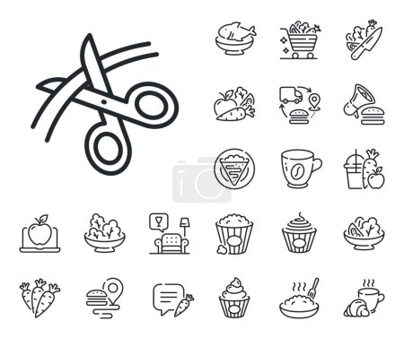Illustration for Cutting ribbon sign. Crepe, sweet popcorn and salad outline icons. Scissors line icon. Tailor utensil symbol. Scissors line sign. Pasta spaghetti, fresh juice icon. Supply chain. Vector - Royalty Free Image