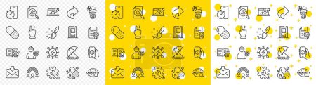 Illustration for Outline Ice maker, Inclusion and Timer app line icons pack for web with Search document, Customisation, Power line icon. Share, Creativity, Engineer pictogram icon. Capsule pill. Vector - Royalty Free Image