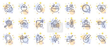 Illustration for Outline set of Electronic thermometer, Leaf and Telemedicine line icons for web app. Include Cardio training, Dating, Pets care pictogram icons. Leaves, Psychology. Circles with 3d stars. Vector - Royalty Free Image