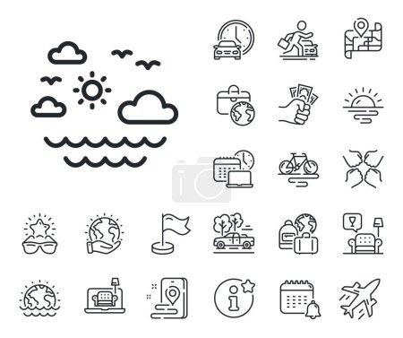 Illustration for Sun, clouds and waves sign. Plane jet, travel map and baggage claim outline icons. Travel sea line icon. Summer holidays symbol. Travel sea line sign. Car rental, taxi transport icon. Vector - Royalty Free Image