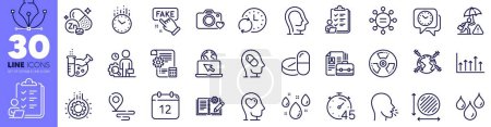 Illustration for Inspect, Growth chart and Place line icons pack. Photo camera, Circle area, Chemistry lab web icon. Zinc mineral, Chemical hazard, Engineering documentation pictogram. Waterproof. Vector - Royalty Free Image