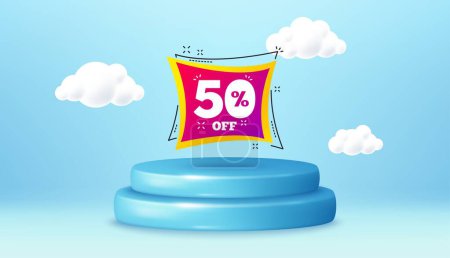 Illustration for Sale 50 percent off banner. Winner podium 3d base. Product offer pedestal. Discount sticker shape. Coupon bubble icon. Sale 50 percent promotion message. Background with 3d clouds. Vector - Royalty Free Image