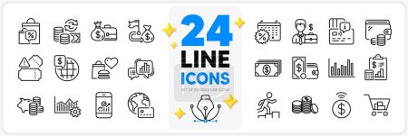 Illustration for Icons set of Contactless payment, Piggy bank and Food donation line icons pack for app with Operational excellence, Wallet, Salary thin outline icon. Bar diagram, Calendar discounts. Vector - Royalty Free Image