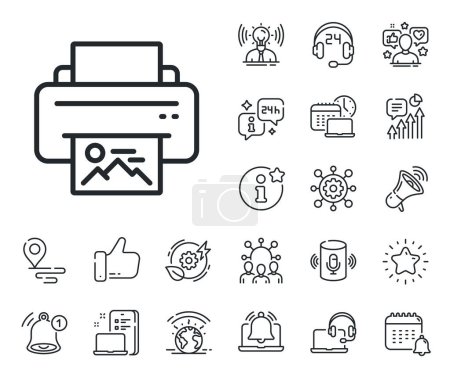 Illustration for Photo printer sign. Place location, technology and smart speaker outline icons. Print image line icon. Picture symbol. Print image line sign. Influencer, brand ambassador icon. Vector - Royalty Free Image