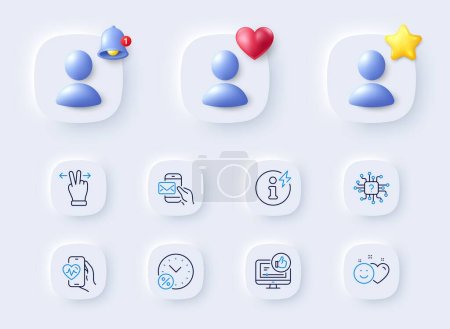 Illustration for Loan percent, Like video and Power info line icons. Placeholder with 3d bell, star, heart. Pack of Messenger mail, Artificial intelligence, Cardio training icon. Vector - Royalty Free Image
