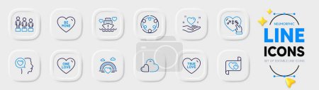 Illustration for Romantic talk, Hold heart and Equality line icons for web app. Pack of Honeymoon cruise, Genders, True love pictogram icons. One love, Inclusion, Lgbt signs. Care, Be mine. Friendship, Equity. Vector - Royalty Free Image