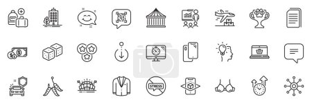 Illustration for Icons pack as Copy files, Smile chat and Carousels line icons for app include Presentation, Smartphone, Multichannel outline thin icon web set. Scroll down, Car secure. Copy files outline sign. Vector - Royalty Free Image