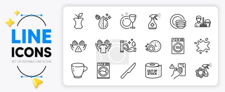 Illustration for Dishwasher timer, Washing hands and Hold t-shirt line icons set for app include Dont touch, Clean hands, Dishes outline thin icon. Toilet paper, Dirty spot, Cleaning service pictogram icon. Vector - Royalty Free Image