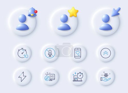 Illustration for Swipe up, Love chat and Delivery online line icons. Placeholder with 3d cursor, bell, star. Pack of Energy, Freezing, No microphone icon. Timer, Web system pictogram. For web app, printing. Vector - Royalty Free Image