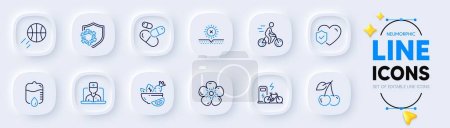 Illustration for No sun, Life insurance and Cyclist line icons for web app. Pack of Cherry, Telemedicine, Drop counter pictogram icons. Basketball, Coronavirus, Electric bike signs. Capsule pill, Salad. Vector - Royalty Free Image