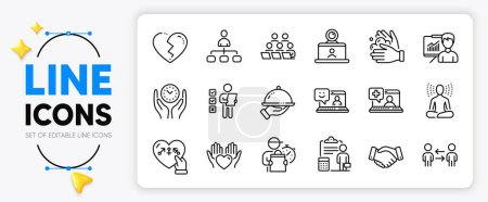 Illustration for Yoga, Genders and Teamwork business line icons set for app include Smile, Teamwork, Wash hands outline thin icon. Video conference, Employees handshake, Accounting pictogram icon. Vector - Royalty Free Image