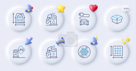Illustration for Car charge, Opened box and House dimension line icons. Buttons with 3d bell, chat speech, cursor. Pack of Cable section, Diesel station, Gas station icon. Square area pictogram. Vector - Royalty Free Image