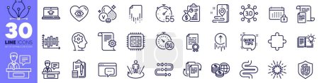 Illustration for Technical documentation, Exhibitors and Fingerprint line icons pack. Methodology, Puzzle, Product knowledge web icon. Seo message, World money, Diagram chart pictogram. 5g internet. Vector - Royalty Free Image
