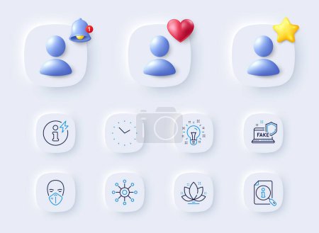 Illustration for Search, Lotus and Fake internet line icons. Placeholder with 3d bell, star, heart. Pack of Idea, Multichannel, Time icon. Medical mask, Power info pictogram. For web app, printing. Vector - Royalty Free Image