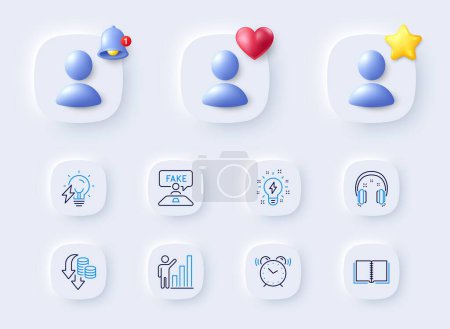 Illustration for Fake review, Electricity bulb and Graph chart line icons. Placeholder with 3d bell, star, heart. Pack of Inspiration, Deflation, Alarm clock icon. Headphones, Book pictogram. Vector - Royalty Free Image