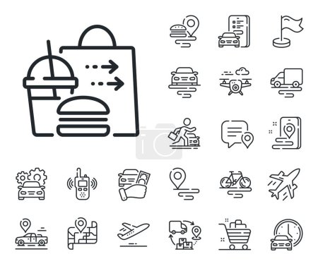 Illustration for Cheeseburger with Soft drink sign. Plane, supply chain and place location outline icons. Food delivery line icon. Catering service symbol. Food delivery line sign. Vector - Royalty Free Image