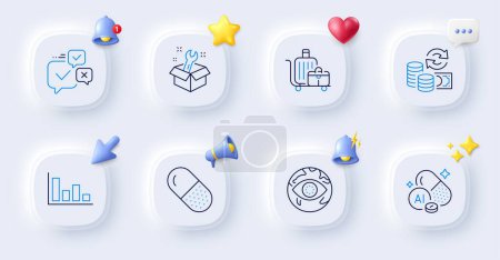 Illustration for Change money, Baggage cart and Capsule pill line icons. Buttons with 3d bell, chat speech, cursor. Pack of Online voting, Cyber attack, Spanner icon. Aluminium mineral, Histogram pictogram. Vector - Royalty Free Image