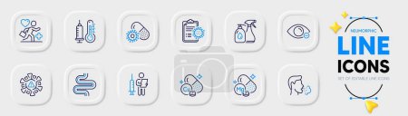 Illustration for Coronavirus report, Cough and Patient line icons for web app. Pack of Copper mineral, Thermometer, Vaccination announcement pictogram icons. Intestine, Coronavirus, Magnesium mineral signs. Vector - Royalty Free Image
