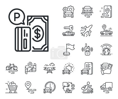 Illustration for Paid car park sign. Plane, supply chain and place location outline icons. Parking payment line icon. Transport place symbol. Parking payment line sign. Taxi transport, rent a bike icon. Vector - Royalty Free Image