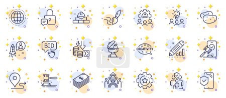 Illustration for Outline set of Settings gear, Globe and Phone insurance line icons for web app. Include Brush, Inclusion, Engineering team pictogram icons. Dollar, Creativity, Grill signs. Lock. Vector - Royalty Free Image