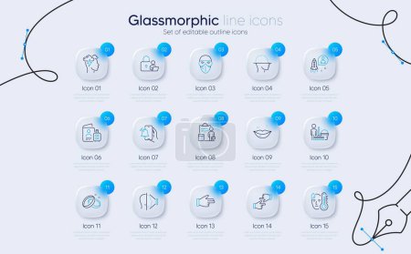 Illustration for Set of Lips, Click hands and Medical mask line icons for web app. Lock, Wedding rings, Cleaning icons. Face scanning, Passport, Click hand signs. Alarm clock, Face id, Mindfulness stress. Vector - Royalty Free Image