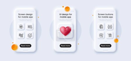 Illustration for Vitamin k, Award app and Fingerprint research line icons pack. 3d phone mockups with heart. Glass smartphone screen. Shopping cart, Copyright, Equality web icon. Lock, Fake news pictogram. Vector - Royalty Free Image