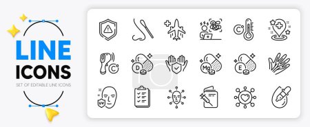 Illustration for Face biometrics, Vitamin d and Dating line icons set for app include Celsius thermometer, Uv protection, Medical flight outline thin icon. Checklist, Shield, Difficult stress pictogram icon. Vector - Royalty Free Image