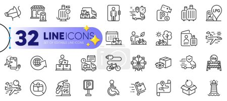 Illustration for Outline set of Filling station, Delivery calendar and Parking line icons for web with Lighthouse, Electric bike, Map thin icon. Eco bike, Petrol station, Express delivery pictogram icon. Vector - Royalty Free Image