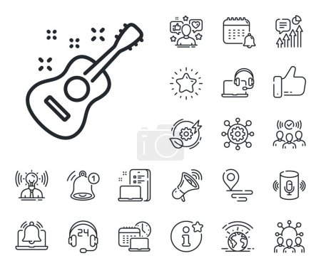 Illustration for Music sign. Place location, technology and smart speaker outline icons. Acoustic guitar line icon. Musical instrument symbol. Guitar line sign. Influencer, brand ambassador icon. Vector - Royalty Free Image