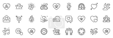 Illustration for Icons pack as Hold heart, Inclusion and Heart line icons for app include Friends couple, Valentine target, True love outline thin icon web set. Friend, Love music, For ever pictogram. Vector - Royalty Free Image