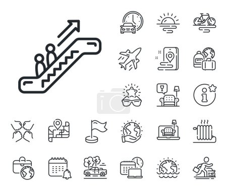 Illustration for Elevator sign. Plane jet, travel map and baggage claim outline icons. Escalator line icon. Shopping stairway symbol. Escalator line sign. Car rental, taxi transport icon. Place location. Vector - Royalty Free Image
