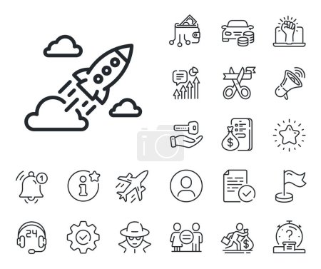 Illustration for Launch Project sign. Salaryman, gender equality and alert bell outline icons. Startup rocket line icon. Innovation symbol. Startup rocket line sign. Spy or profile placeholder icon. Vector - Royalty Free Image
