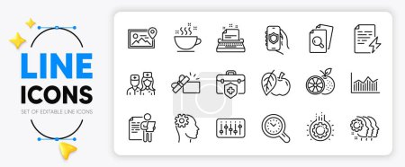Illustration for Job interview, Opened gift and Dj controller line icons set for app include Apple, Engineering, Coffee cup outline thin icon. Employees teamwork, Time management, Doctor pictogram icon. Vector - Royalty Free Image