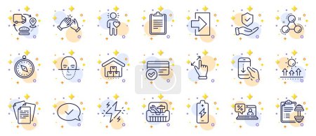 Illustration for Outline set of Power, Battery charging and Chemistry molecule line icons for web app. Include Sun protection, Clapping hands, Login pictogram icons. Online loan, Friend, Documents signs. Vector - Royalty Free Image