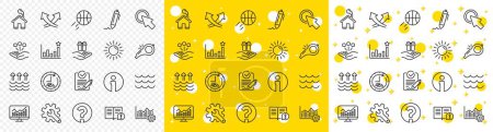 Illustration for Customisation, Global warming, Question mark icons. Waves, sun, efficacy line icons. Signature Rfp, Information, Efficacy. Waves, Consolidation, Operational excellence. Question mark, whistle. Vector - Royalty Free Image