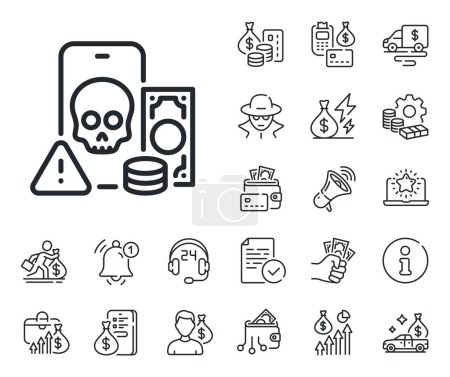 Illustration for Money scam crime sign. Cash money, loan and mortgage outline icons. Phishing line icon. Online fraud or thief symbol. Phishing line sign. Credit card, crypto wallet icon. Inflation, job salary. Vector - Royalty Free Image