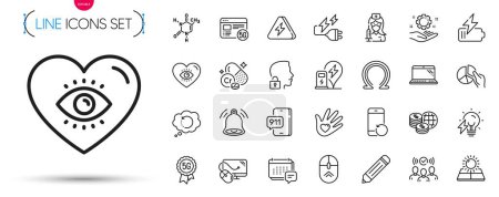 Illustration for Pack of Lightning bolt, Social responsibility and Chromium mineral line icons. Include Omega, Battery, 5g internet pictogram icons. Charging station, Vaccination, Electricity plug signs. Vector - Royalty Free Image