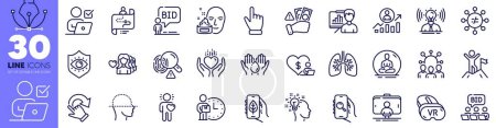 Illustration for Face cream, Cursor and Friend line icons pack. Vr, Fingerprint, Face scanning web icon. Search app, Delivery man, Auction pictogram. Rotation gesture, Eye protection, Yoga. Lungs. Vector - Royalty Free Image