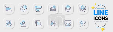 Illustration for Biometric security, Repairman and Phone photo line icons for web app. Pack of Loan percent, Car leasing, Road pictogram icons. Packing boxes, Employee hand, Cogwheel signs. Music phone. Vector - Royalty Free Image