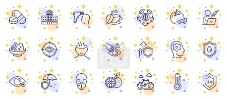 Illustration for Outline set of Mint tea, Bike and Electronic thermometer line icons for web app. Include Improving safety, Salad, Hospital building pictogram icons. Eco organic, Thermometer. Vector - Royalty Free Image