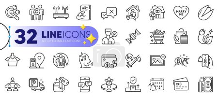Illustration for Outline set of Pistachio nut, Reject and Chemistry lab line icons for web with Employees teamwork, Security agency, Get box thin icon. Card, Payment, Chemistry dna pictogram icon. Vector - Royalty Free Image