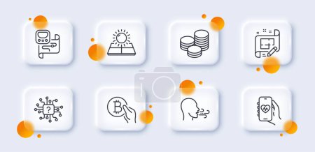 Illustration for Architect plan, Sun energy and Metro map line icons pack. 3d glass buttons with blurred circles. Health app, Tips, Breathing exercise web icon. Artificial intelligence, Bitcoin pay pictogram. Vector - Royalty Free Image