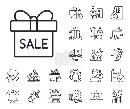 Illustration for Present or Sale sign. Cash money, loan and mortgage outline icons. Gift box line icon. Birthday Shopping symbol. Package in Gift Wrap. Sale offer line sign. Credit card, crypto wallet icon. Vector - Royalty Free Image