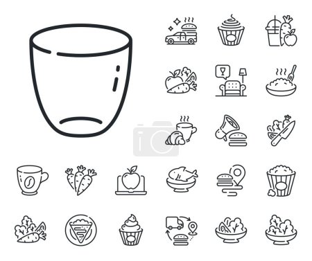 Illustration for Tableware cup sign. Crepe, sweet popcorn and salad outline icons. Glass line icon. Drink crockery kitchenware pot symbol. Glass line sign. Pasta spaghetti, fresh juice icon. Supply chain. Vector - Royalty Free Image